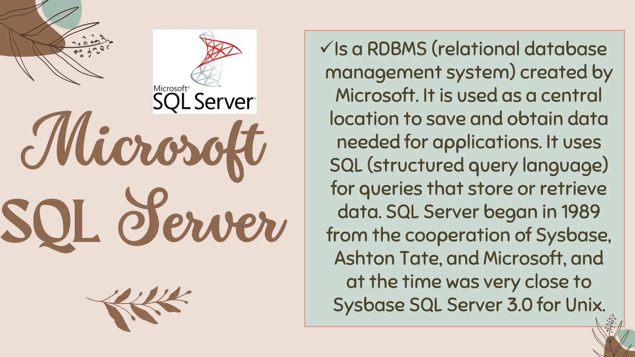 ✓Is a RDBMS (relational database
management system) created by
Microsoft. It is used as a central
location to save and obtain data
needed for applications. It uses
SQL (structured query language)
for queries that store or retrieve
data. SQL Server began in 1989
from the cooperation of Sysbase,
Ashton Tate, and Microsoft, and
at the time was very close to
Sysbase SQL Server 3.0 for Unix.
 