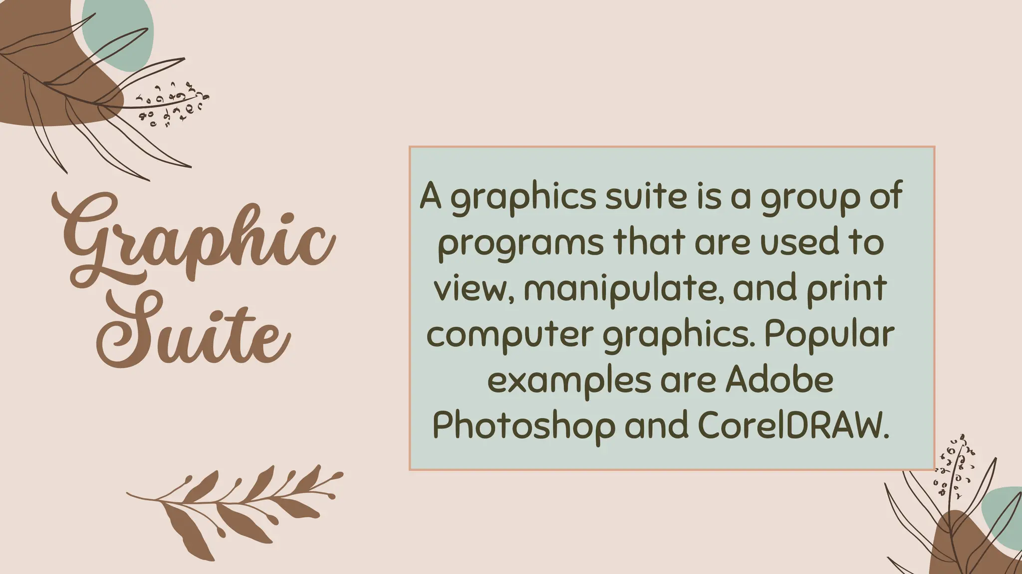 A graphics suite is a group of
programs that are used to
view, manipulate, and print
computer graphics. Popular
examples are Adobe
Photoshop and CorelDRAW.
 