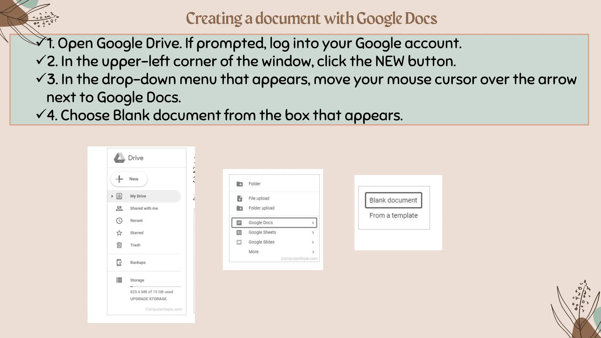 ✓1. Open Google Drive. If prompted, log into your Google account.
✓2. In the upper-left corner of the window, click the NEW button.
✓3. In the drop-down menu that appears, move your mouse cursor over the arrow
next to Google Docs.
✓4. Choose Blank document from the box that appears.
 