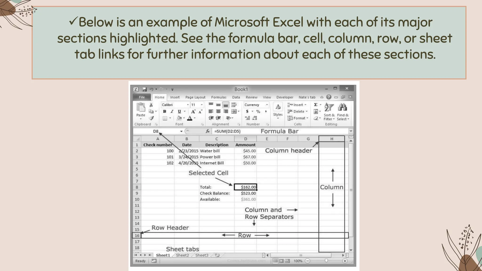 ✓Below is an example of Microsoft Excel with each of its major
sections highlighted. See the formula bar, cell, column, row, or sheet
tab links for further information about each of these sections.
 