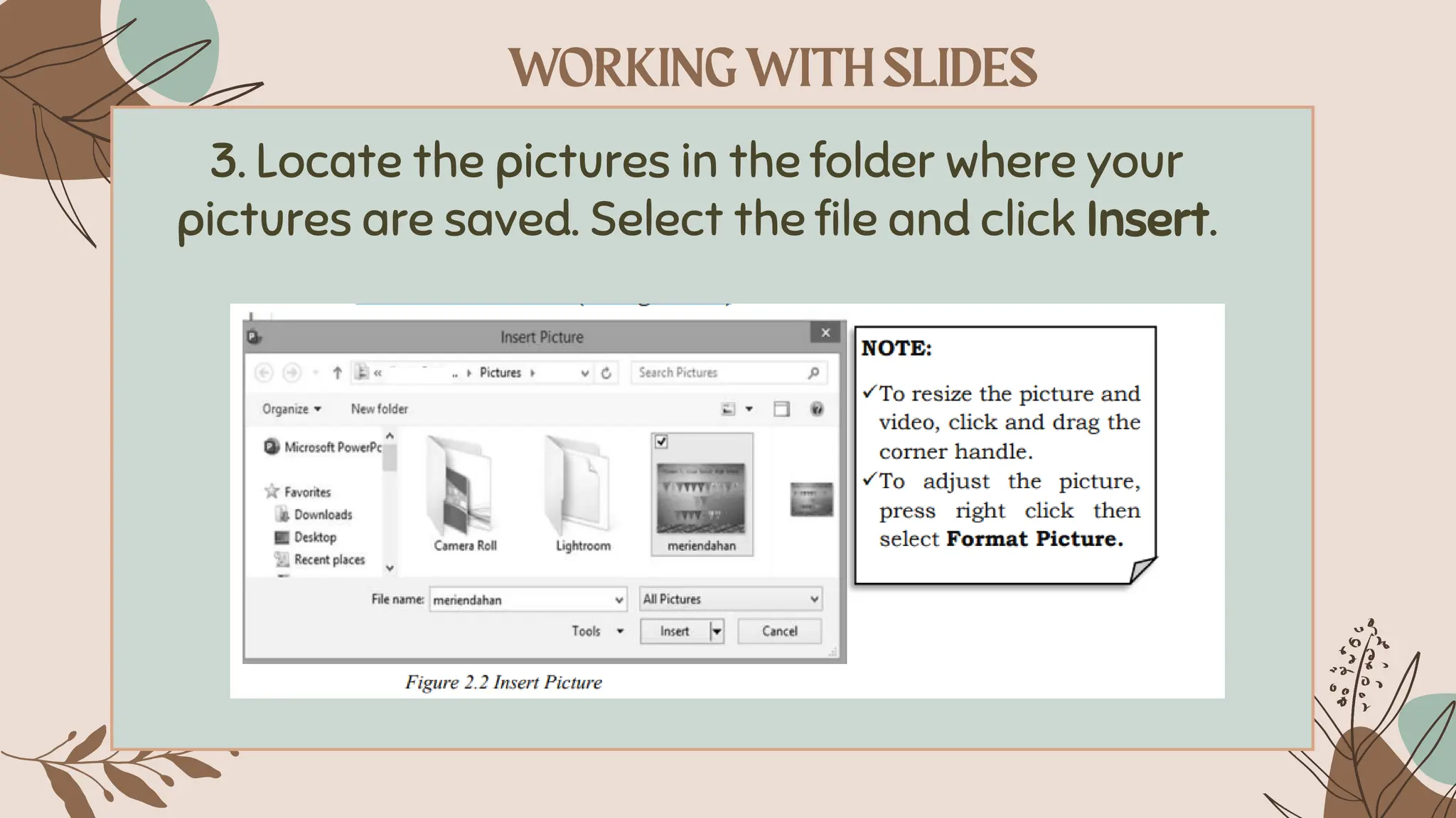 3. Locate the pictures in the folder where your
pictures are saved. Select the file and click Insert.
 