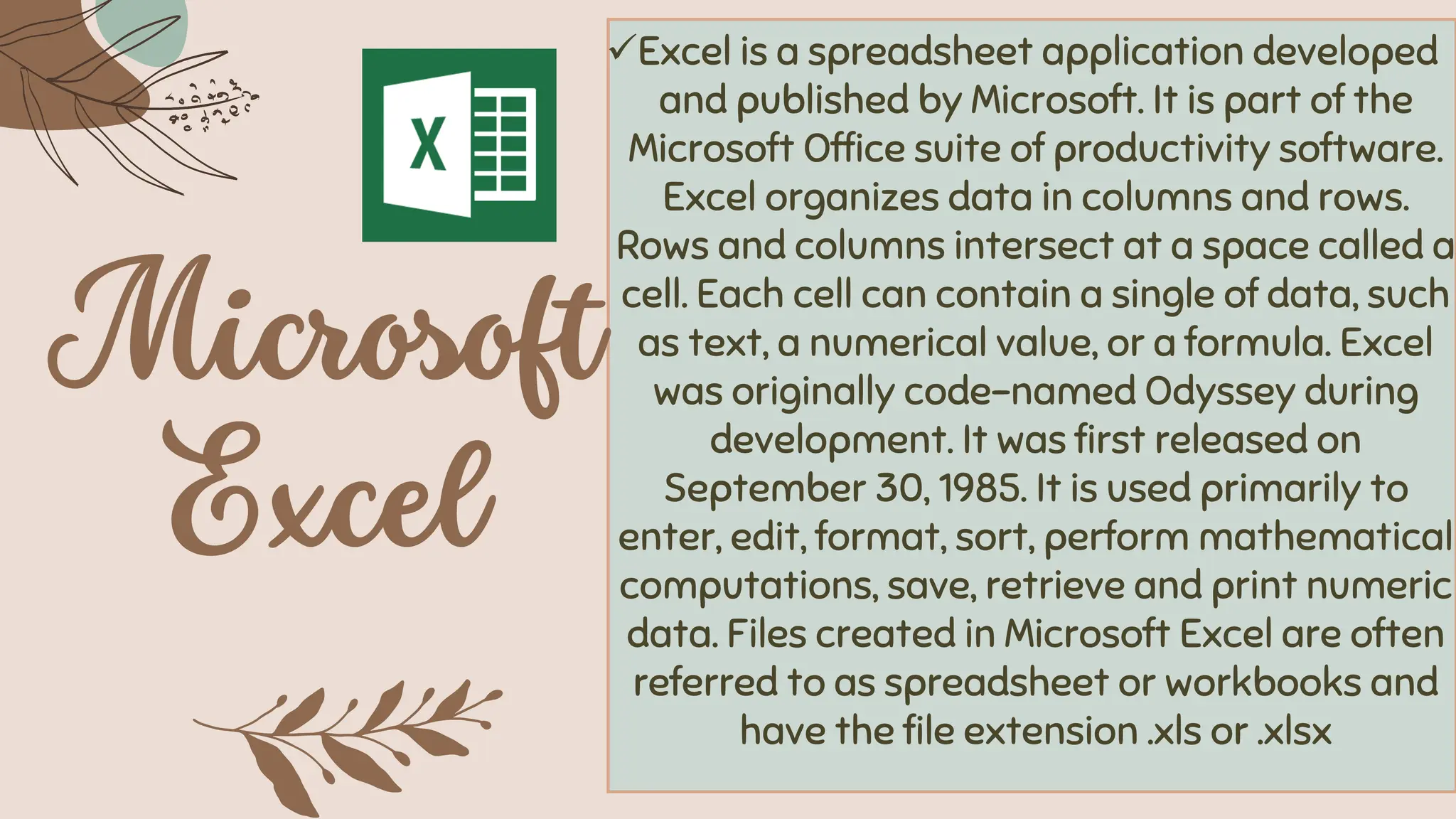 ✓Excel is a spreadsheet application developed
and published by Microsoft. It is part of the
Microsoft Office suite of productivity software.
Excel organizes data in columns and rows.
Rows and columns intersect at a space called a
cell. Each cell can contain a single of data, such
as text, a numerical value, or a formula. Excel
was originally code-named Odyssey during
development. It was first released on
September 30, 1985. It is used primarily to
enter, edit, format, sort, perform mathematical
computations, save, retrieve and print numeric
data. Files created in Microsoft Excel are often
referred to as spreadsheet or workbooks and
have the file extension .xls or .xlsx
 