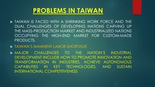 PROBLEMS IN TAIWAN
 TAIWAN IS FACED WITH A SHRINKING WORK FORCE AND THE
DUAL CHALLENGES OF DEVELOPING NATIONS CARVING UP
THE MASS-PRODUCTION MARKET AND INDUSTRIALIZED NATIONS
OCCUPYING THE HIGH-END MARKET FOR CUSTOM-MADE
PRODUCTS.
 TAIWAN’S IMMINENT LABOR SHORTAGE
 MAJOR CHALLENGES TO THE NATION’S INDUSTRIAL
DEVELOPMENT INCLUDE HOW TO PROMOTE INNOVATION AND
TRANSFORMATION IN INDUSTRIES, ACHIEVE AUTONOMOUS
CAPABILITIES IN KEY TECHNOLOGIES, AND SUSTAIN
INTERNATIONAL COMPETITIVENESS
 