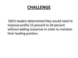 CHALLENGE
GEX’s leaders determined they would need to
improve profits 15 percent to 20 percent
without adding resources in order to maintain
their leading position.
 