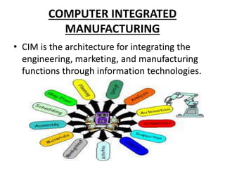 COMPUTER INTEGRATED
MANUFACTURING
• CIM is the architecture for integrating the
engineering, marketing, and manufacturing
functions through information technologies.
 