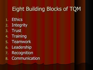 Eight Building Blocks of TQM Ethics Integrity  Trust Training Teamwork Leadership Recognition Communication 
