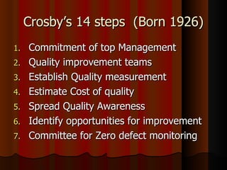 Crosby’s 14 steps  (Born 1926) Commitment of top Management Quality improvement teams Establish Quality measurement Estimate Cost of quality Spread Quality Awareness Identify opportunities for improvement Committee for Zero defect monitoring 
