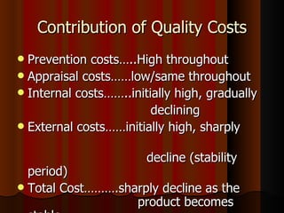 Contribution of Quality Costs Prevention costs…..High throughout Appraisal costs……low/same throughout Internal costs……..initially high, gradually declining External costs……initially high, sharply  decline (stability period) Total Cost……….sharply decline as the    product becomes stable  