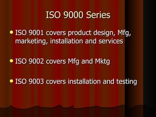 ISO 9000 Series ISO 9001 covers product design, Mfg, marketing, installation and services ISO 9002 covers Mfg and Mktg ISO 9003 covers installation and testing 