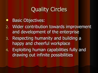 Quality Circles Basic Objectives: Wider contribution towards improvement and development of the enterprise Respecting humanity and building a happy and cheerful workplace Exploiting human capabilities fully and drawing out infinite possibilities  