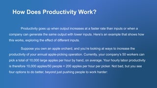How Does Productivity Work?
Productivity goes up when output increases at a faster rate than inputs or when a
company can generate the same output with lower inputs. Here’s an example that shows how
this works, exploring the effect of different inputs.
Suppose you own an apple orchard, and you’re looking at ways to increase the
productivity of your annual apple-picking operation. Currently, your company’s 50 workers can
pick a total of 10,000 large apples per hour by hand, on average. Your hourly labor productivity
is therefore 10,000 apples/50 people = 200 apples per hour per picker. Not bad, but you see
four options to do better, beyond just pushing people to work harder:
 