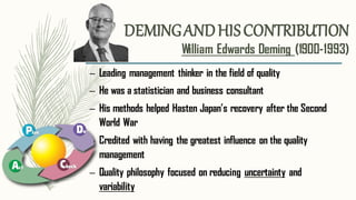 DEMINGANDHISCONTRIBUTION
William Edwards Deming (1900-1993)
– Leading management thinker in the field of quality
– He was a statistician and business consultant
– His methods helped Hasten Japan’s recovery after the Second
World War
– Credited with having the greatest influence on the quality
management
– Quality philosophy focused on reducing uncertainty and
variability
 