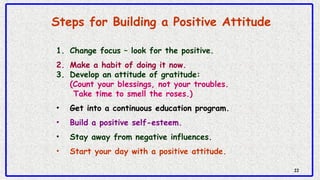 2222
1. Change focus – look for the positive.
2. Make a habit of doing it now.
3. Develop an attitude of gratitude:
(Count...