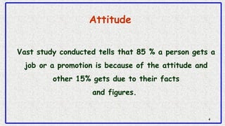 Vast study conducted tells that 85 % a person gets a
job or a promotion is because of the attitude and
other 15% gets due ...