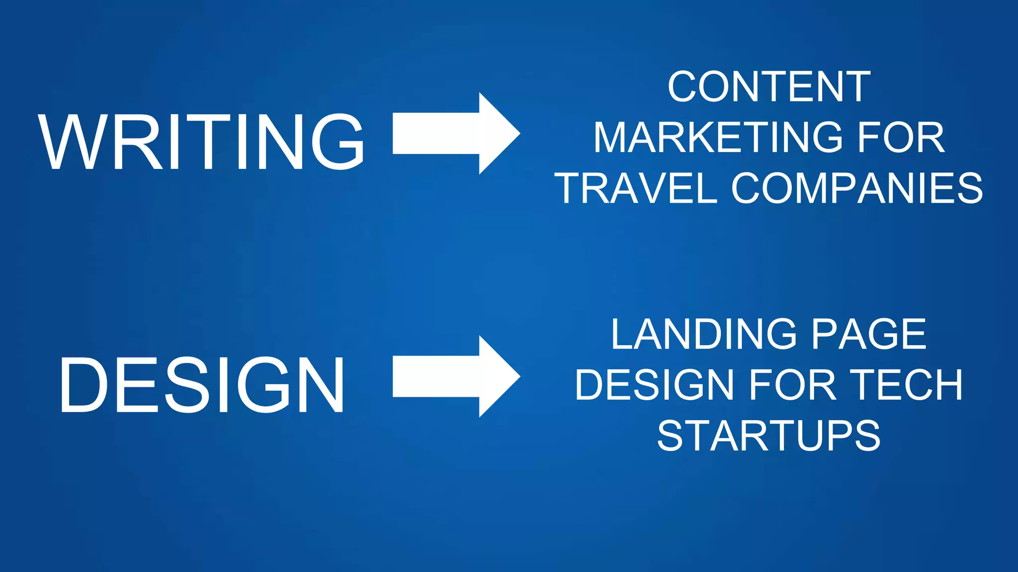 WRITING
CONTENT
MARKETING FOR
TRAVEL COMPANIES
DESIGN
LANDING PAGE
DESIGN FOR TECH
STARTUPS
 