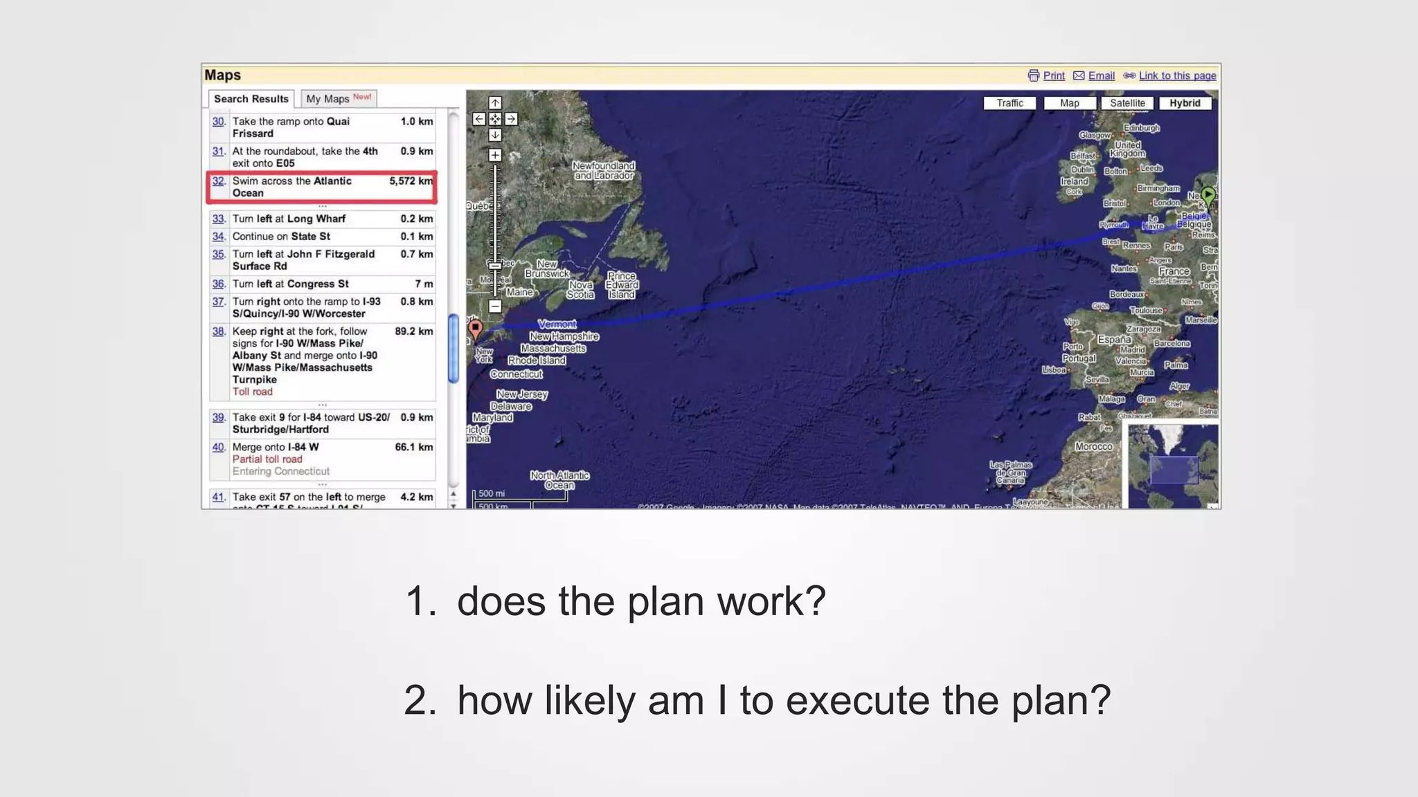 1. does the plan work?
2. how likely am I to execute the plan?
 