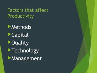 Factors that affect
Productivity
Methods
Capital
Quality
Technology
Management
 