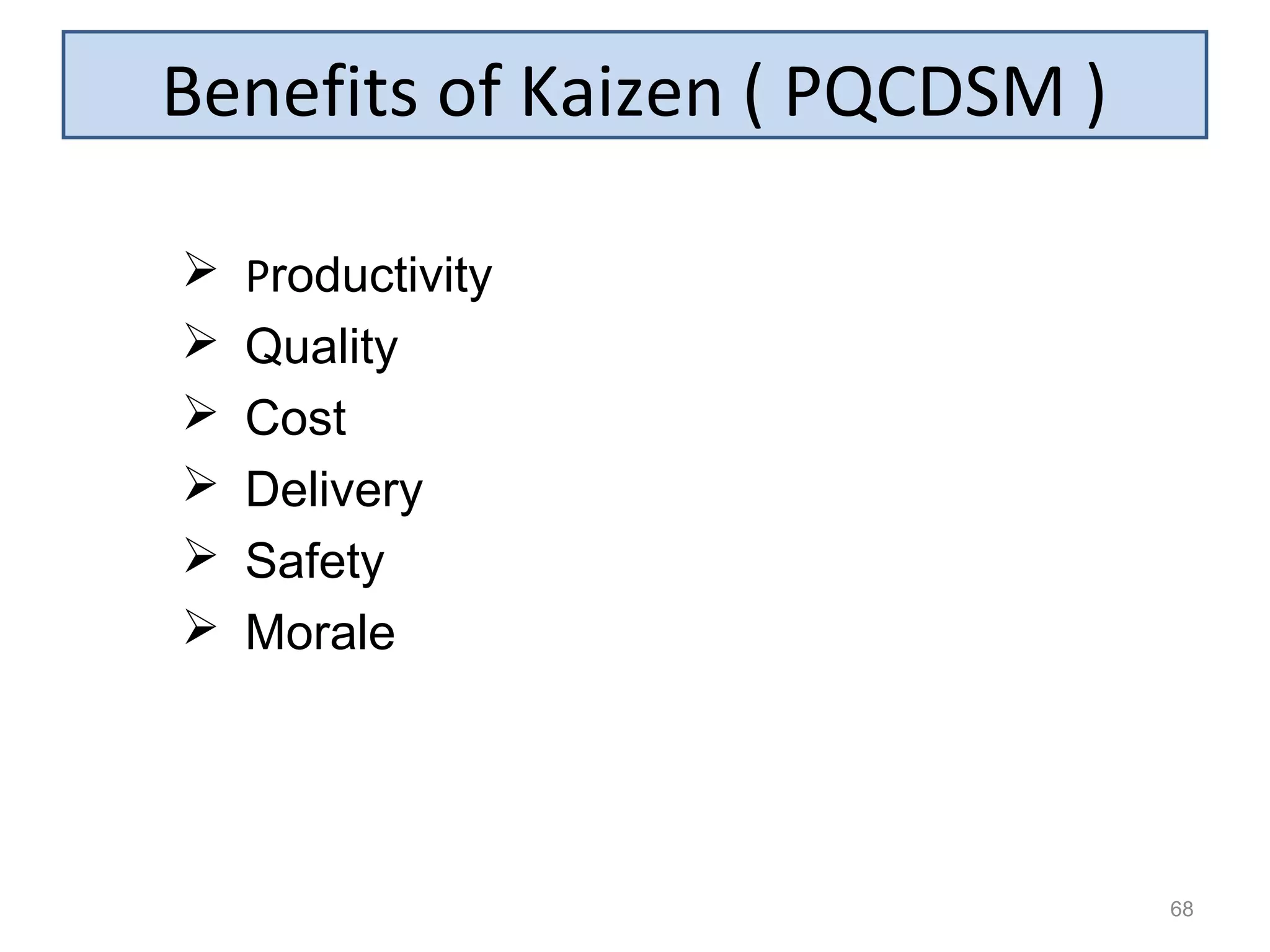 Benefits of Kaizen ( PQCDSM )
68
 Productivity
 Quality
 Cost
 Delivery
 Safety
 Morale
 