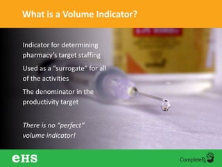 What is a Volume Indicator?
Indicator for determining
pharmacy’s target staffing
Used as a “surrogate” for all
of the activities
The denominator in the
productivity target
There is no “perfect”
volume indicator!
 