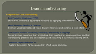 Components of Lean Manufacturing 
Total Productive Maintenance (TPM) 
Learn how to improve equipment reliability by applying TPM methods. 
Visual Workplace (Displays & Controls): 
See how visual controls and visual displays reinforce and enhance a lean effort. 
Lean Support Processes (Purchasing, Scheduling, Warehousing & Shipping) 
Recognize how important lean scheduling, lean purchasing, lean accounting, and lean 
warehousing practices are to supporting and sustaining a lean manufacturing effort. 
Continuous Improvement (PDCA): 
Explore the options for keeping a lean effort viable and vital. 
 