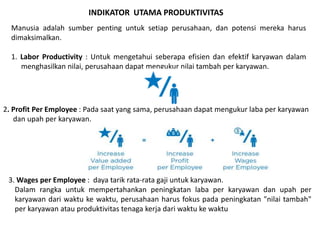 Manusia adalah sumber penting untuk setiap perusahaan, dan potensi mereka harus
dimaksimalkan.
1. Labor Productivity : Untuk mengetahui seberapa efisien dan efektif karyawan dalam
menghasilkan nilai, perusahaan dapat mengukur nilai tambah per karyawan.
2. Profit Per Employee : Pada saat yang sama, perusahaan dapat mengukur laba per karyawan
dan upah per karyawan.
3. Wages per Employee : daya tarik rata-rata gaji untuk karyawan.
Dalam rangka untuk mempertahankan peningkatan laba per karyawan dan upah per
karyawan dari waktu ke waktu, perusahaan harus fokus pada peningkatan "nilai tambah"
per karyawan atau produktivitas tenaga kerja dari waktu ke waktu
INDIKATOR UTAMA PRODUKTIVITAS
 