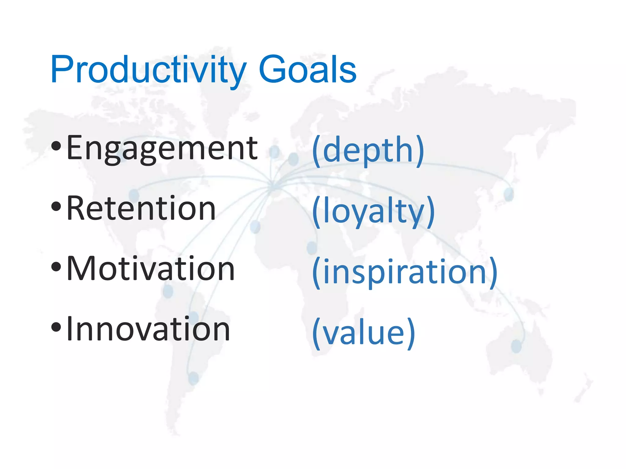 Productivity Goals
•Engagement

(depth)

•Retention

(loyalty)

•Motivation

(inspiration)

•Innovation

(value)

 