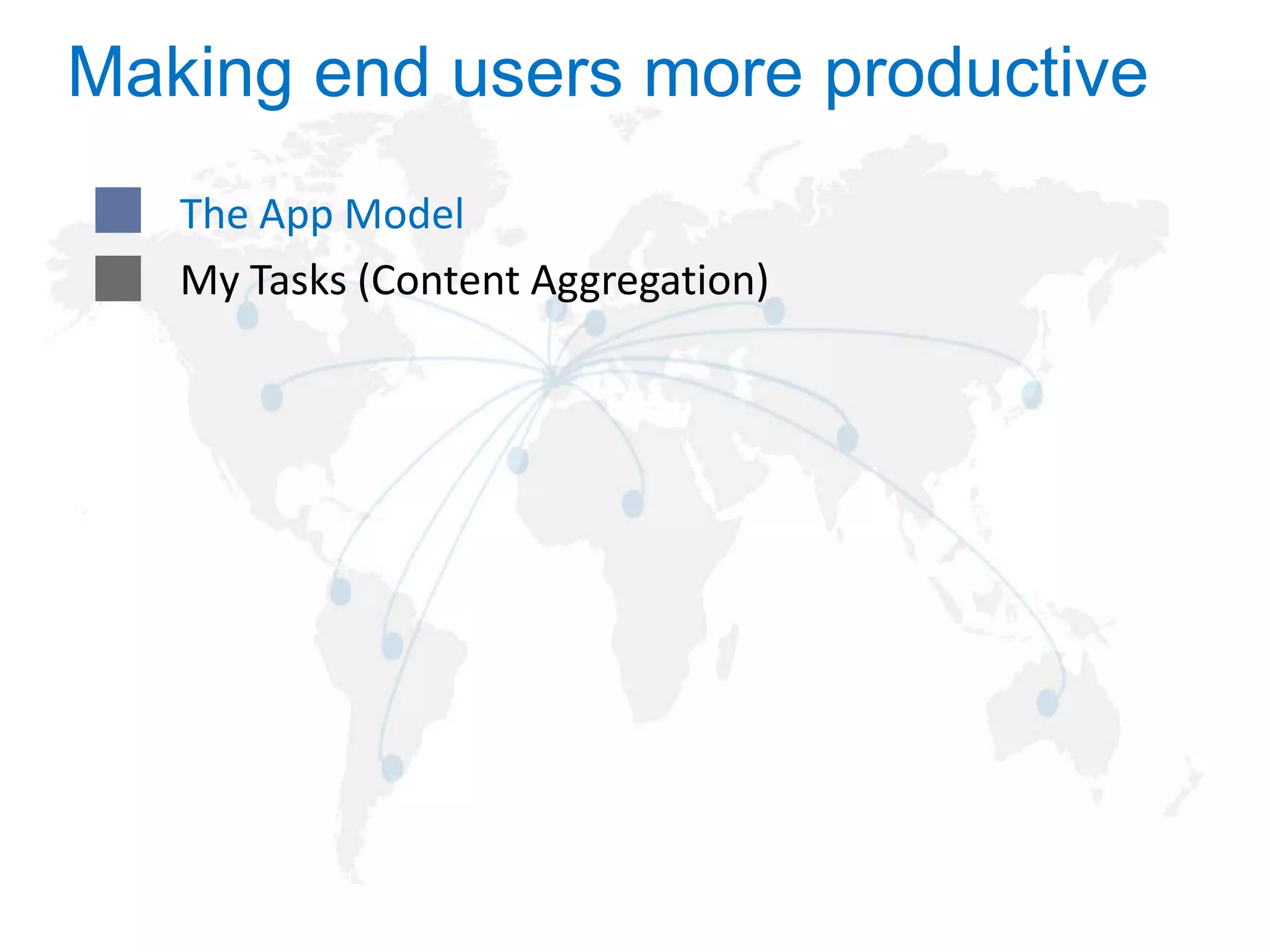 Making end users more productive
The App Model
My Tasks (Content Aggregation)

 