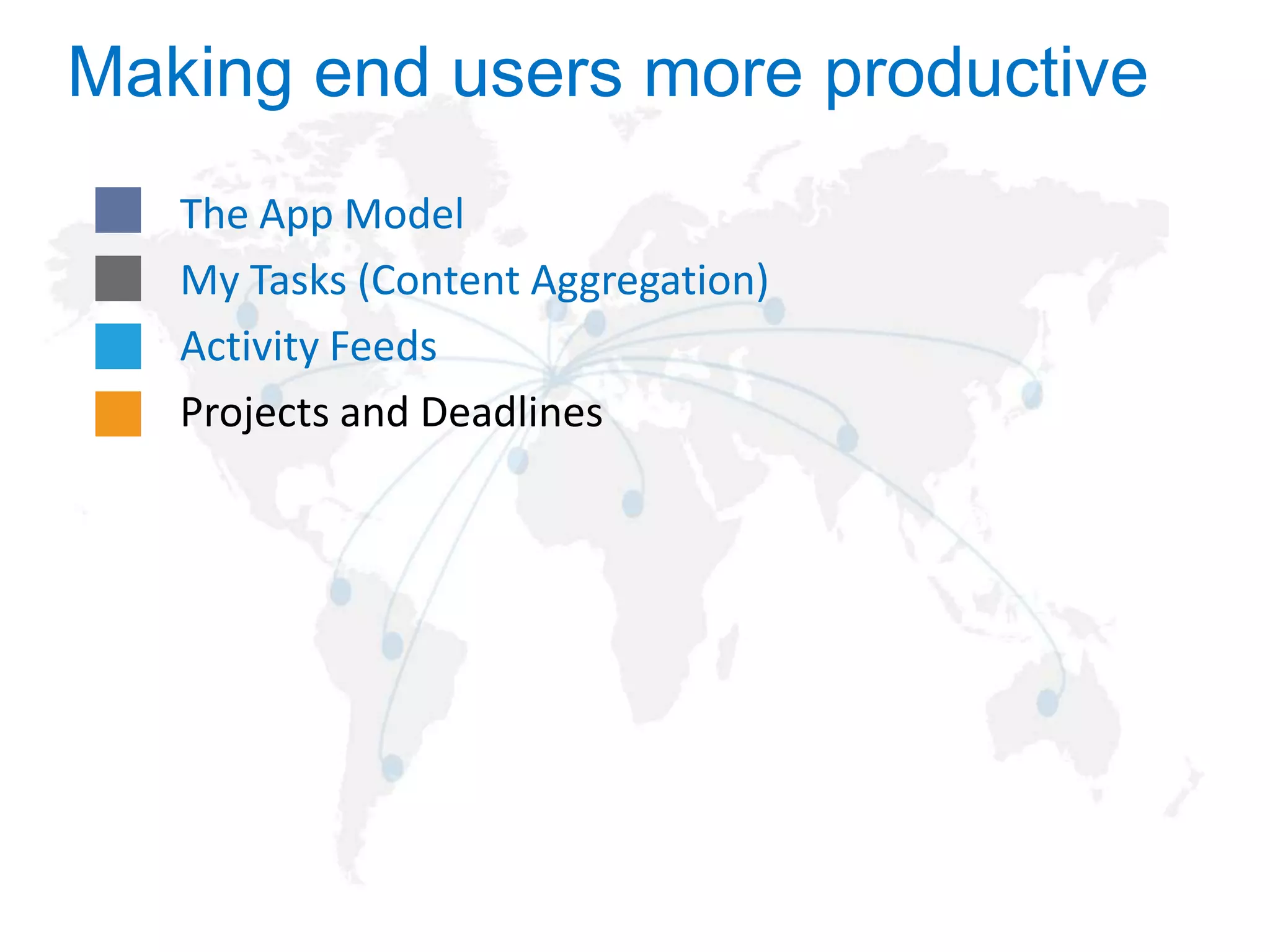 Making end users more productive
The App Model
My Tasks (Content Aggregation)
Activity Feeds
Projects and Deadlines

 