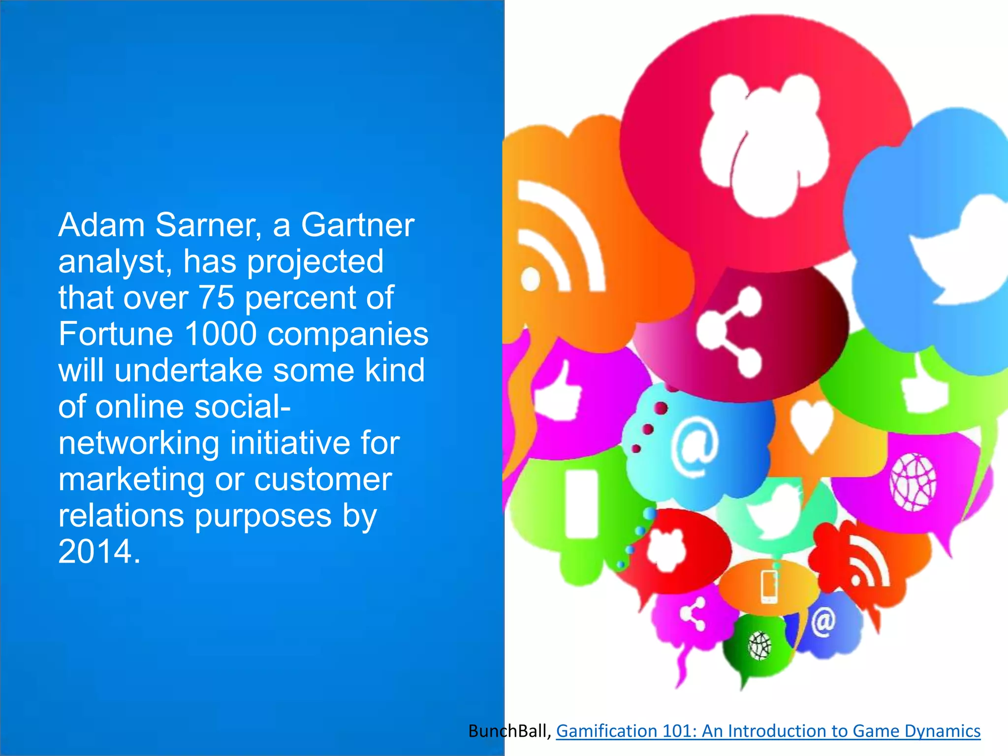 Adam Sarner, a Gartner
analyst, has projected
that over 75 percent of
Fortune 1000 companies
will undertake some kind
of online socialnetworking initiative for
marketing or customer
relations purposes by
2014.

BunchBall, Gamification 101: An Introduction to Game Dynamics

 