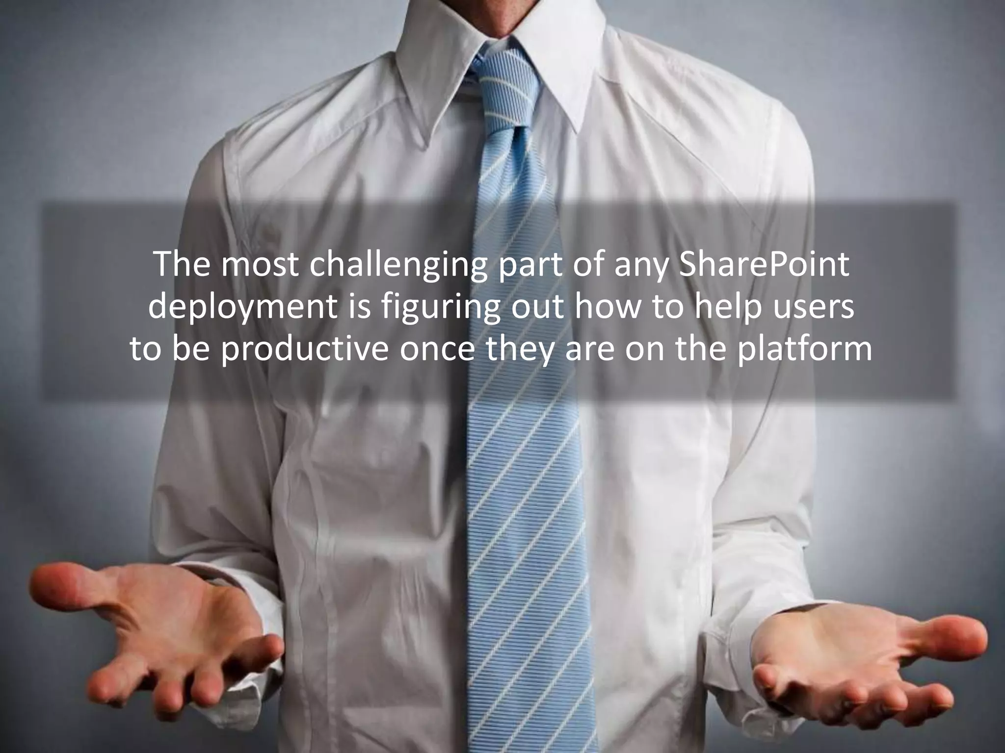 The most challenging part of any SharePoint
deployment is figuring out how to help users
to be productive once they are on the platform

 
