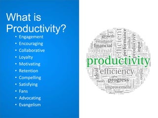 What is
Productivity?
•
•
•
•
•
•
•
•
•
•
•

Engagement
Encouraging
Collaborative
Loyalty
Motivating
Retention
Compelling
Satisfying
Fans
Advocating
Evangelism

 