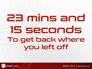 23 mins and
15 seconds
To get back where
you left off
888-431-1529 rocketmatter.com
 