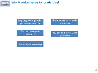 100
Why it makes sense to standardize?
Easy to go through what
you have done so far
You can reuse your
products
Less versions to manage
Brain works faster with
standards
You can find faster what
you need
 