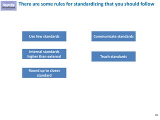103
There are some rules for standardizing that you should follow
Use few standards
Internal standards
higher than external
Round up to closes
standard
Communicate standards
Teach standards
 