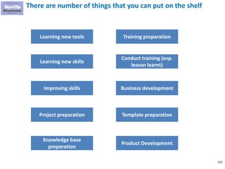 120
There are number of things that you can put on the shelf
Learning new tools
Learning new skills
Improving skills
Project preparation
Knowledge base
preparation
Training preparation
Conduct training (esp.
lesson learnt)
Business development
Template preparation
Product Development
 