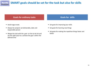 55
Goals for ordinary tasks Goals for skills
▪ Avoid vague tasks
▪ Always for projects set deliverable, date and
responsible person
▪ Merge the task with the goal on the to-do list and
set the right pace to a achieve the goal within the
defined time
▪ Set goals for improving your skills
▪ Set goals for learning new things
▪ Set goals for making the repetitive things faster and
better
SMART goals should be set for the task but also for skills
 