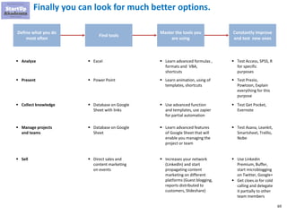 69
Finally you can look for much better options.
Define what you do
most often
Find tools
Master the tools you
are using
Constantly improve
and test new ones
▪ Analyze ▪ Excel ▪ Learn advanced formulas ,
formats and VBA,
shortcuts
▪ Test Access, SPSS, R
for specific
purposes
▪ Present ▪ Power Point ▪ Learn animation, using of
templates, shortcuts
▪ Test Prezio,
Powtoon, Explain
everything for this
purpose
▪ Collect knowledge ▪ Database on Google
Sheet with links
▪ Use advanced function
and templates, use zapier
for partial automation
▪ Test Get Pocket,
Evernote
▪ Manage projects
and teams
▪ Database on Google
Sheet
▪ Learn advanced features
of Google Sheet that will
enable you managing the
project or team
▪ Test Asana, Leankit,
Smartsheet, Trelllo,
Nobe
▪ Sell ▪ Direct sales and
content marketing
on events
▪ Increases your network
(LinkedIn) and start
propagating content
marketing on different
platforms (Guest blogging,
reports distributed to
customers, Slideshare)
▪ Use Linkedin
Premium, Buffer,
start microblogging
on Twitter, Google+
▪ Get cloes.io for cold
calling and delegate
it partially to other
team members
 
