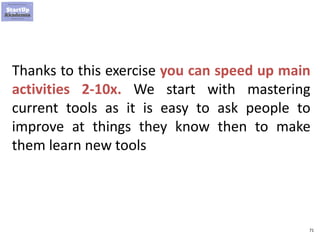 71
Thanks to this exercise you can speed up main
activities 2-10x. We start with mastering
current tools as it is easy to ask people to
improve at things they know then to make
them learn new tools
 