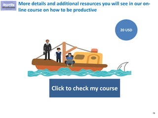 78
More details and additional resources go to my on-line course
on how to be productive
Click to check my course
Management Consulting
Productivity Hacks
$45
$15
 