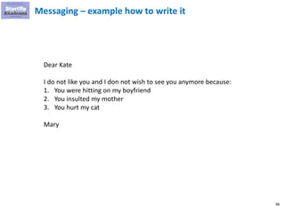 98
Messaging – example how to write it
Dear Kate
I do not like you and I don not wish to see you anymore because:
1. You were hitting on my boyfriend
2. You insulted my mother
3. You hurt my cat
Mary
 