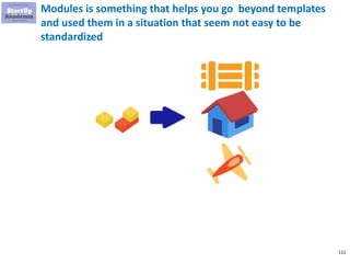 112
Modules is something that helps you go beyond templates
and used them in a situation that seem not easy to be
standard...
