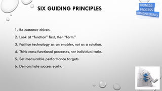 SIX GUIDING PRINCIPLES
1. Be customer driven.
2. Look at “function” first, then “form.”
3. Position technology as an enabler, not as a solution.
4. Think cross-functional processes, not individual tasks.
5. Set measurable performance targets.
6. Demonstrate success early.
 