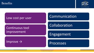 © 2016 PSC Group, LLC
Benefits
Low cost per user
Continuous tool
improvement
Improve →
Communication
Collaboration
Engagement
Processes
 