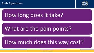 © 2016 PSC Group, LLC
As-Is Questions
How long does it take?
What are the pain points?
How much does this way cost?
 