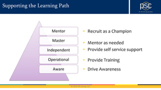 © 2016 PSC Group, LLC
Supporting the Learning Path
Mentor
Master
Independent
Operational
Aware
• Recruit as a Champion
• Mentor as needed
• Provide self service support
• Provide Training
• Drive Awareness
 