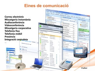 Eines de comunicació

Correu electrònic
Missatgeria instantània
Audioconferència
Videoconferència
Missatgeria corporativa
Telefonia fixa
Telefonia mòbil
Presència
Integració centraleta
...




                                        Video
 