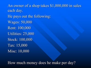 An owner of a shop takes $1,000,000 in sales
each day.
He pays out the following:
Wages: 50,000
Rent: 100,000
Utilities: 25,000
Stock: 100,000
Tax: 15,000
Misc: 10,000
How much money does he make per day?
 