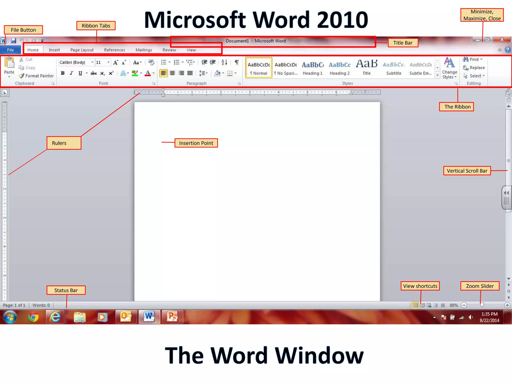 The Ribbon
Title Bar
Rulers
Ribbon Tabs
File Button
Minimize,
Maximize, Close
Insertion Point
View shortcuts Zoom Slider
Status Bar
Vertical Scroll Bar