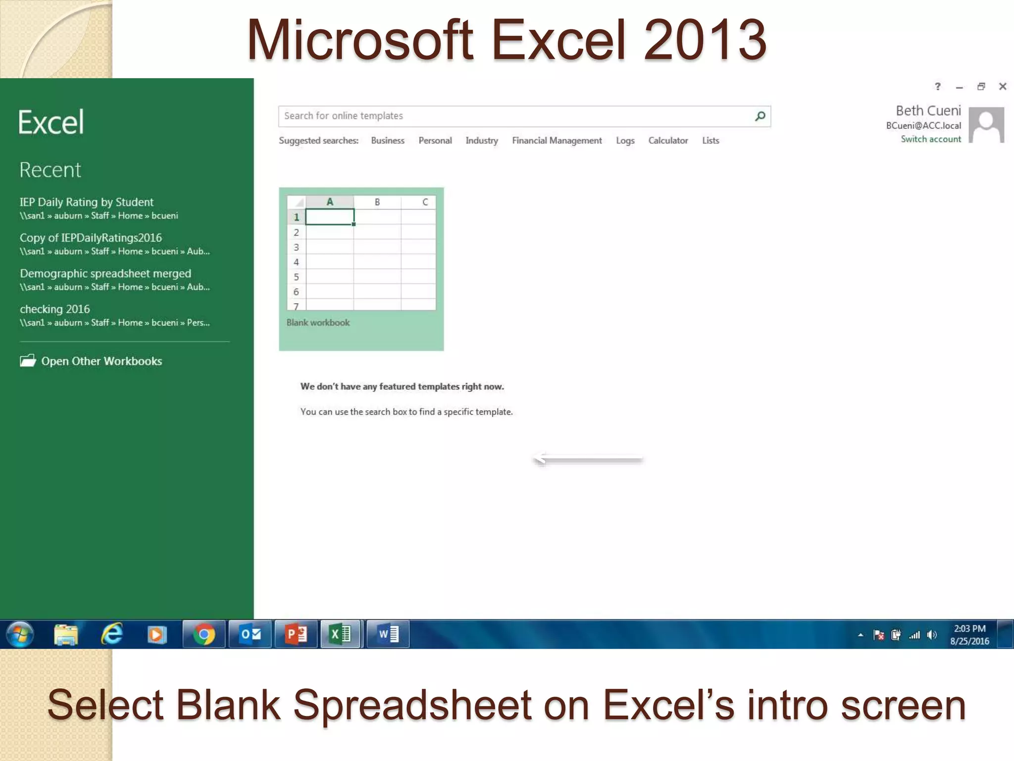 Select Blank Spreadsheet on Excel’s intro screen
Microsoft Excel 2013
 