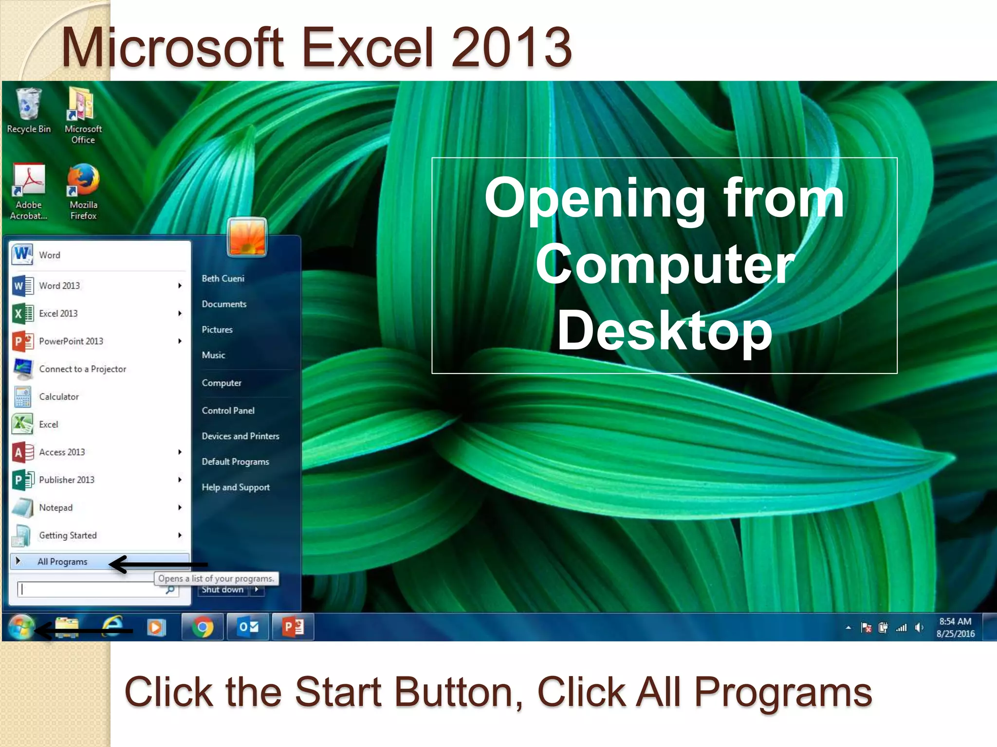 Microsoft Excel 2013
Click the Start Button, Click All Programs
Opening from
Computer
Desktop
 